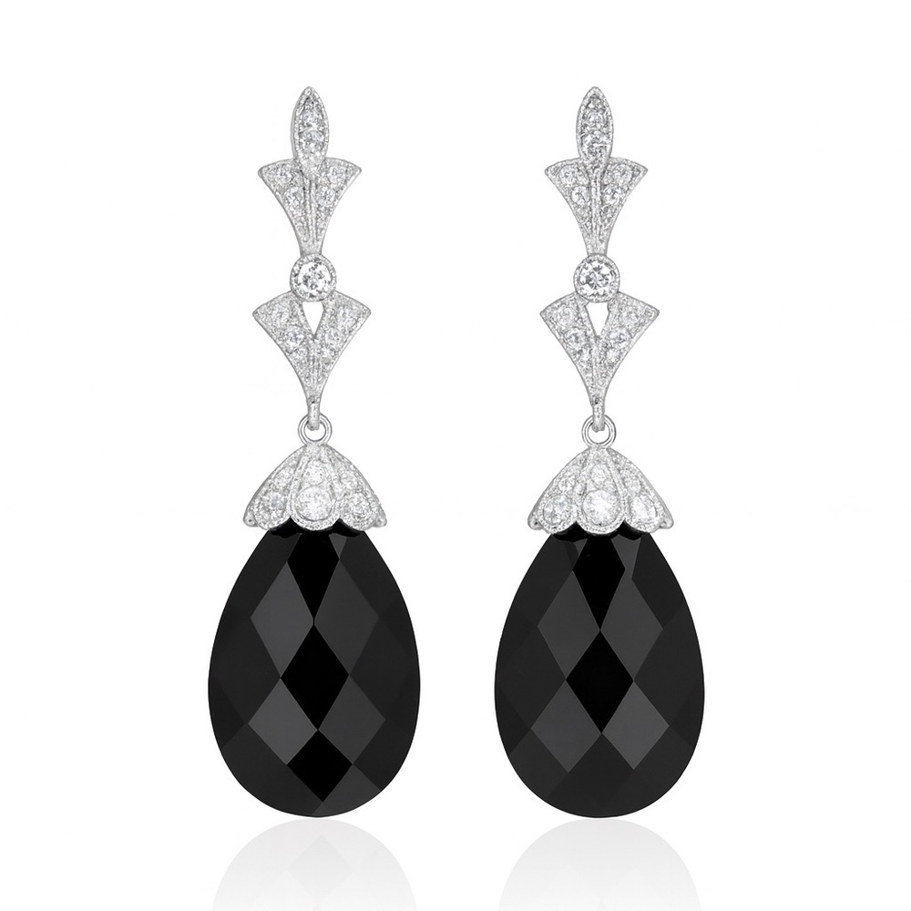 ⚜️ Black Crystal Silver Drop Earrings Statement
